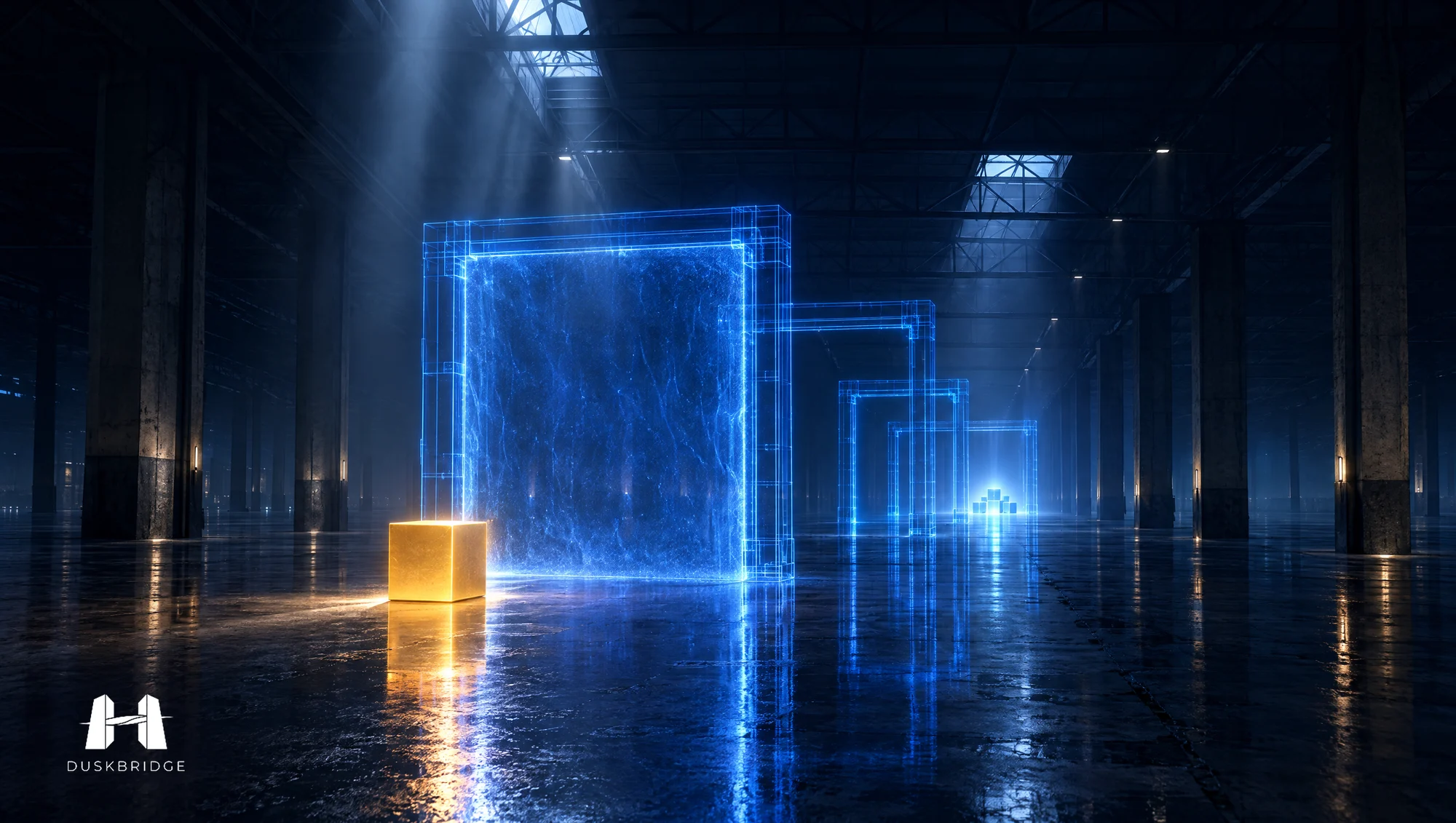 A gold cube representing the better product stopped in front of a sealed holographic gate, while competing products have already cleared four gates at the far end of a dark hall.