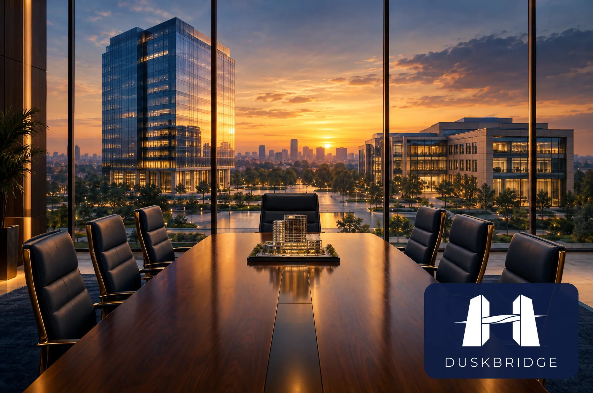 A Duskbridge-branded boardroom overlooking two separate office buildings at sunset, illustrating one parent governing distinct operating companies.
