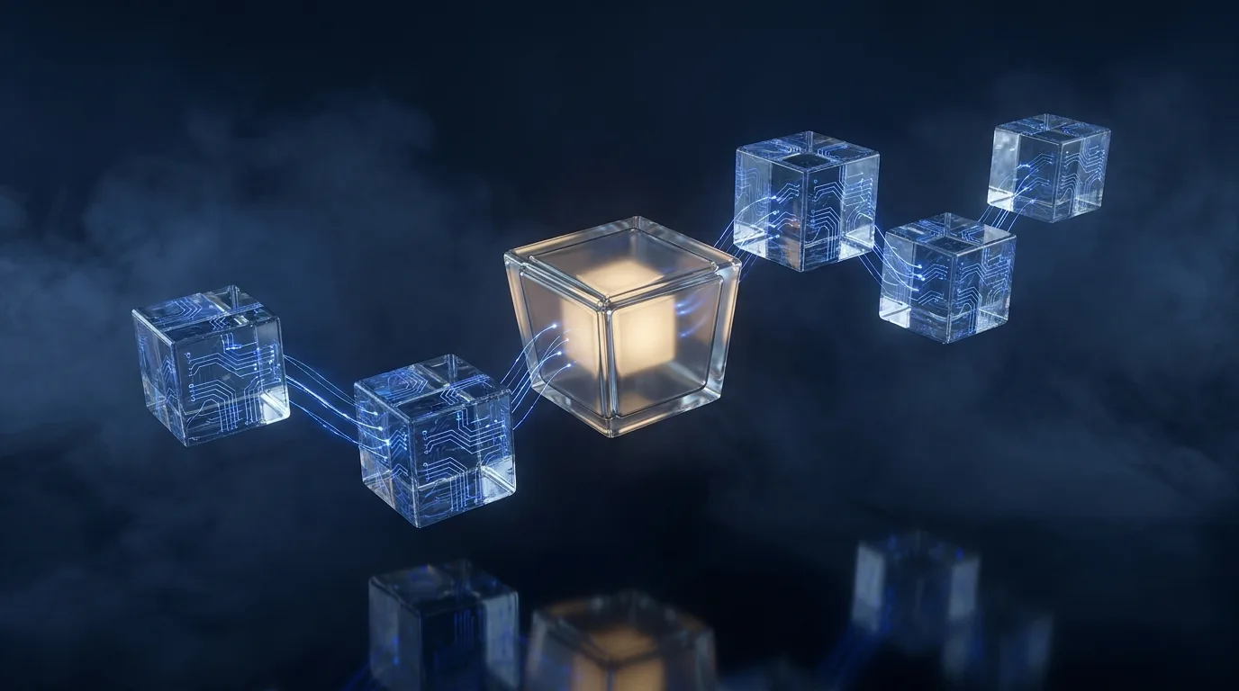 Conceptual linked glass blocks with a gold keystone illustrating governance built into a system